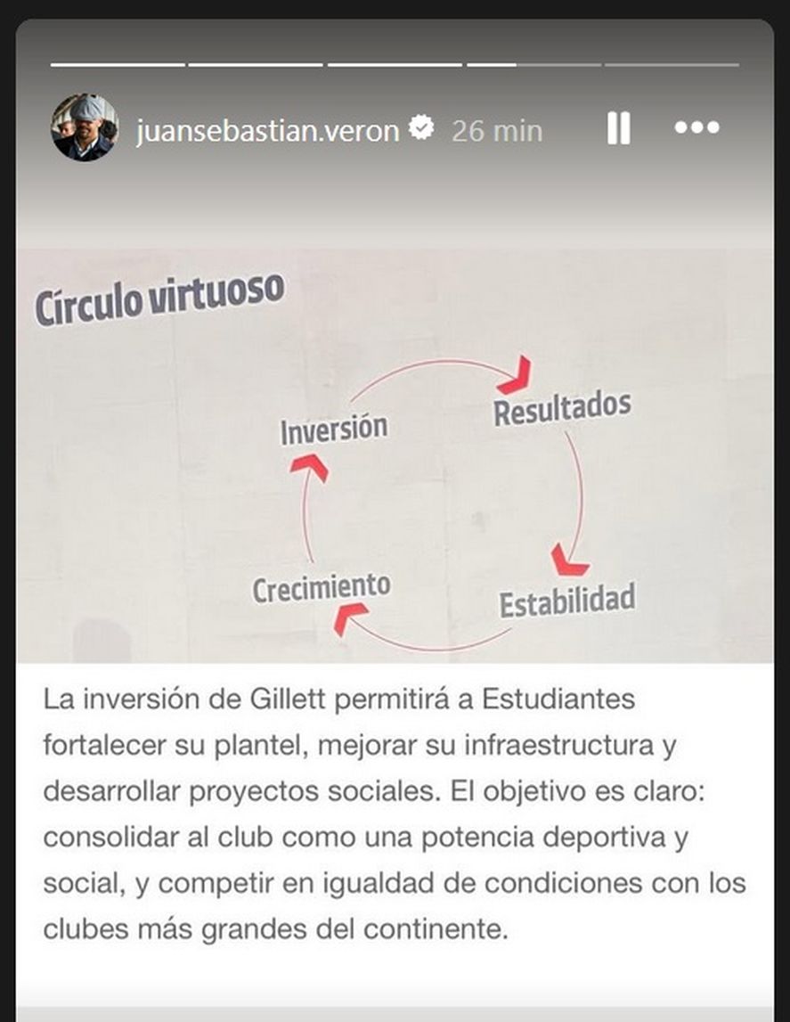 La historia que subió Juan Sebastián Verón en su Instagram. La historia que subió Juan Sebastián Verón en su Instagram.