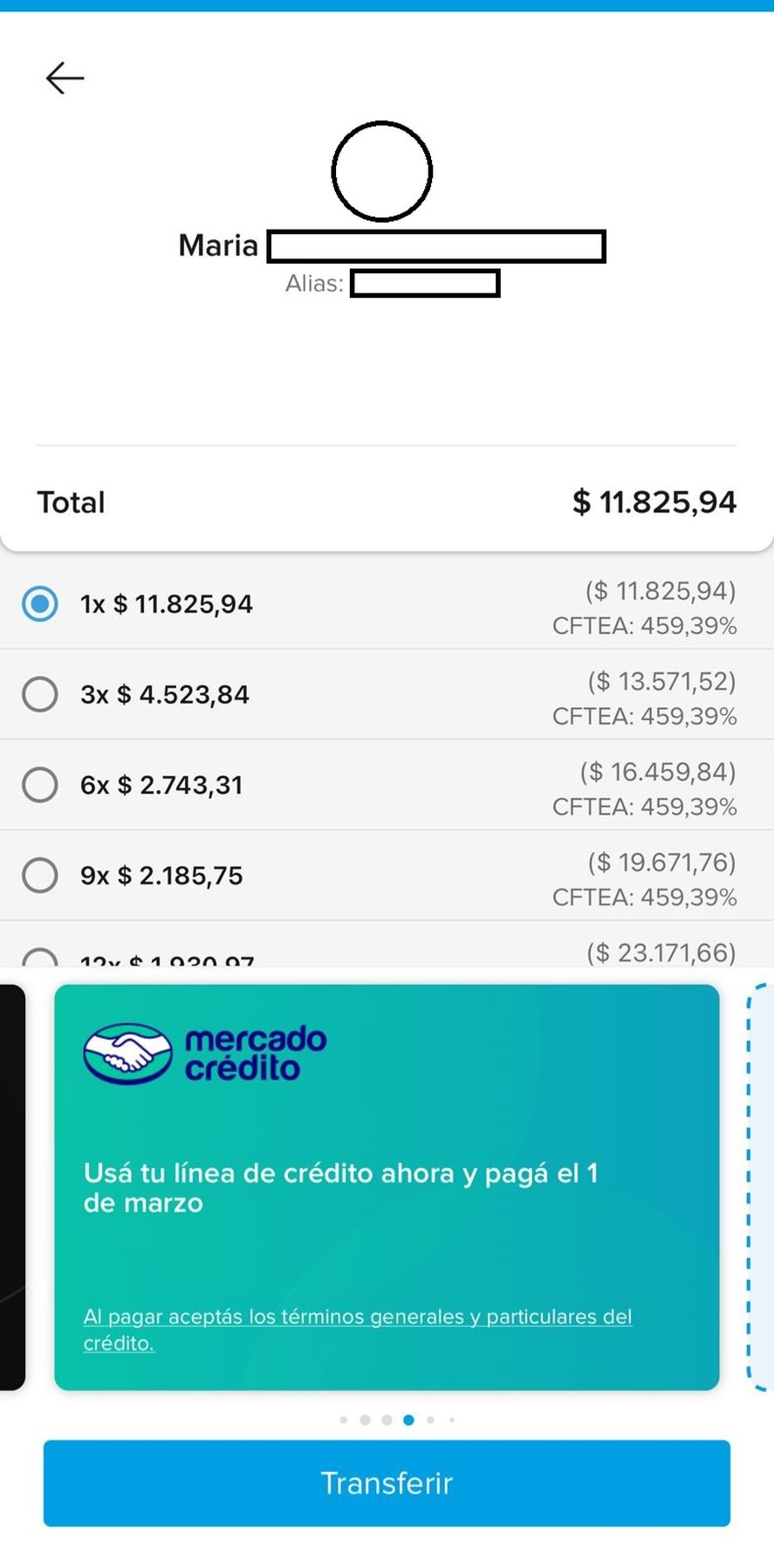 Un ejemplo del CFT de Mercado Pago en un consumo con tarjeta de crédito.