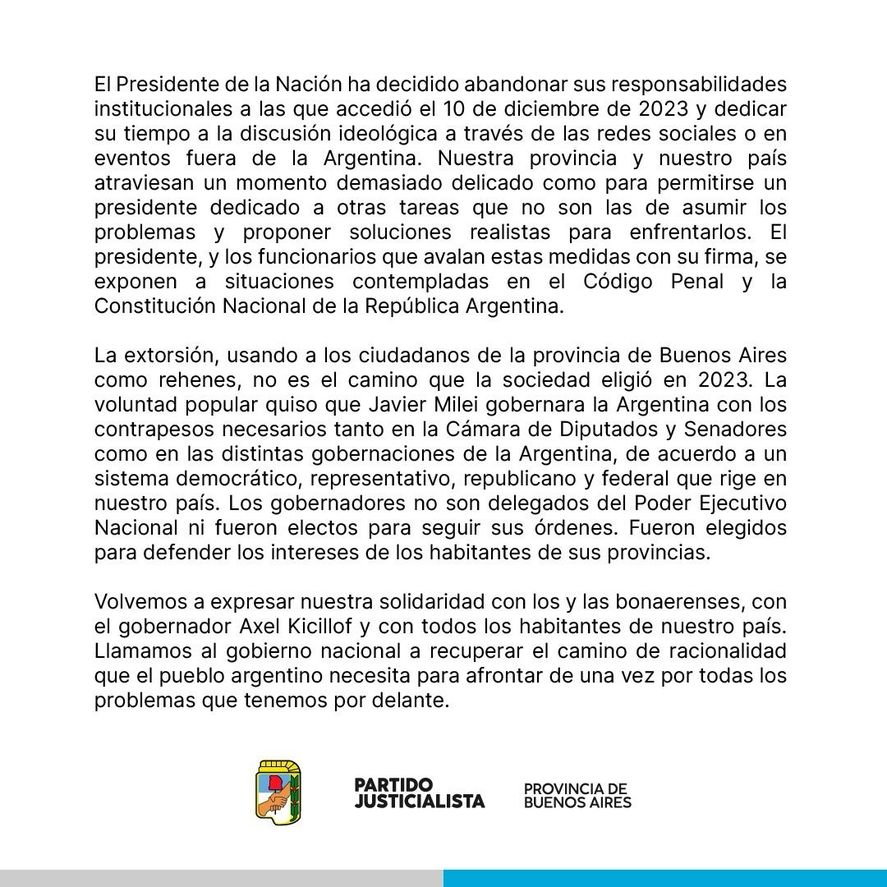 El comunicado del PJ Bonaerense a favor de Axel Kicillof y contra Javier Milei El comunicado del PJ Bonaerense a favor de Axel Kicillof y contra Javier Milei