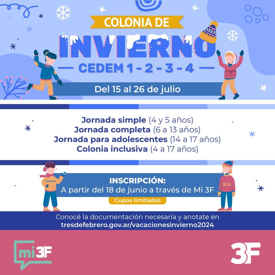 Tres de Febrero brindará su tradicional colonia de invierno para que niños, niñas y jóvenes aprovechen a realizar actividades durante las vacaciones. Tres de Febrero brindará su tradicional colonia de invierno para que niños, niñas y jóvenes aprovechen a realizar actividades durante las vacaciones.