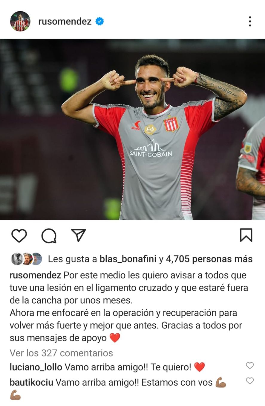 Mauro Méndez se despachó en sus redes sobre la lesión Mauro Méndez se despachó en sus redes sobre la lesión