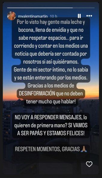 El enojo de Valentina Martin porque se filtró la noticia de que serán padres junto a Juan Sebastián Verón El enojo de Valentina Martin porque se filtró la noticia de que serán padres junto a Juan Sebastián Verón