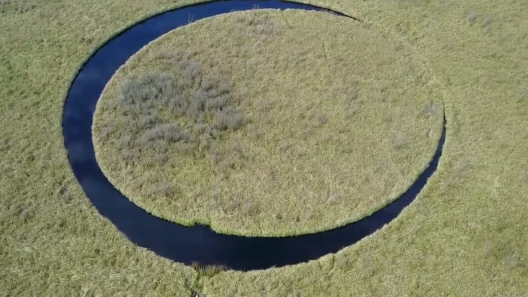 Vista aérea de El Ojo del Delta, la isla flotante circular en el delta del río Paraná