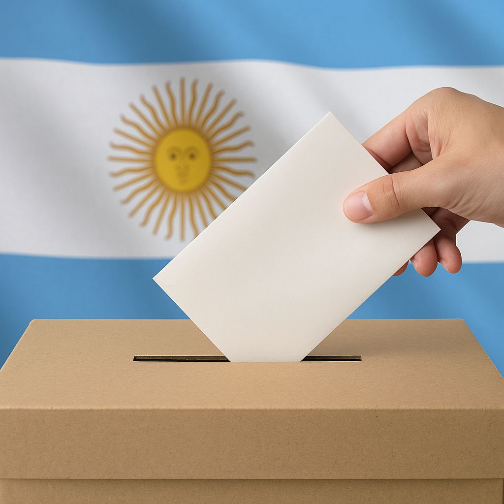 Urna de votación con sobre ingresando y bandera argentina de fondo