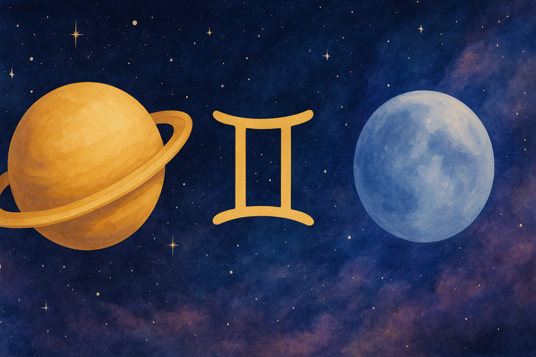 Ilustración astral con un planeta dorado con anillos, el símbolo zodiacal de Géminis y una luna azul sobre un fondo estrellado, representando el clima cósmico de julio de 2025.