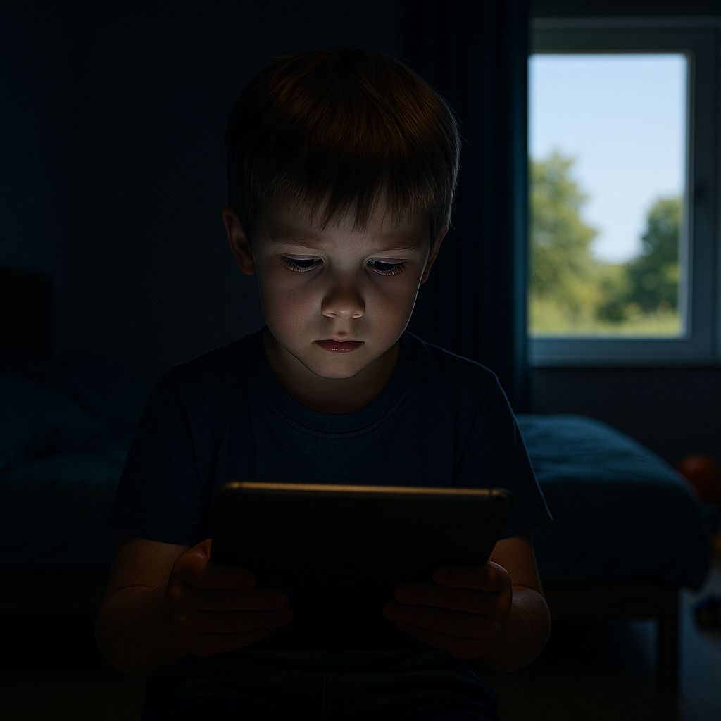 Niño usando una tablet en una habitación oscura durante las vacaciones, símbolo del uso excesivo de pantallas.