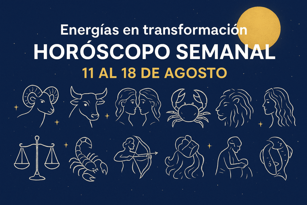 ></noscript> Imagen con los doce signos del zodiaco y el texto “Horóscopo semanal del 11 al 18 de agosto: energías en transformación”.