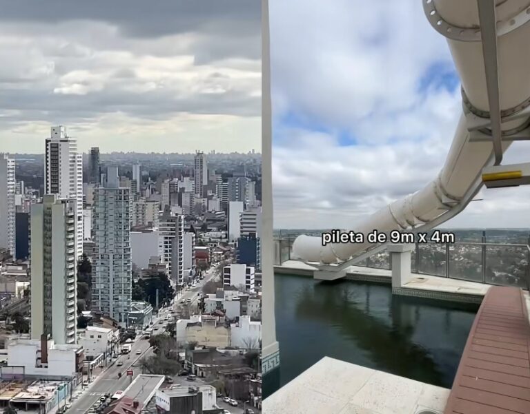 Un edificio de Temperley tiene un tobogán acuático a casi 100 metros de altura: Mirá el video