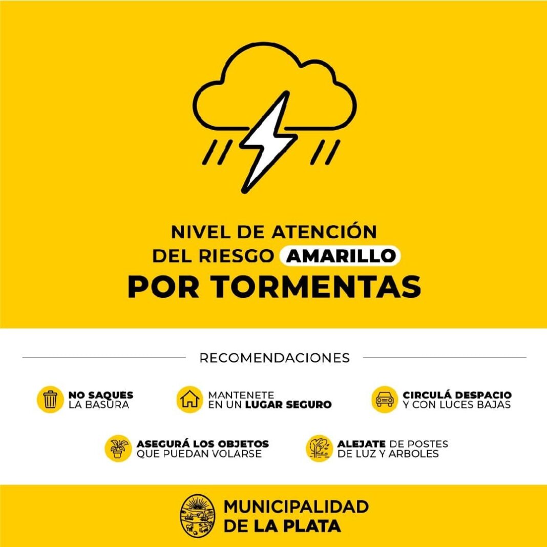 Gráfico de la Municipalidad de La Plata con alerta amarilla por tormentas y recomendaciones preventivas