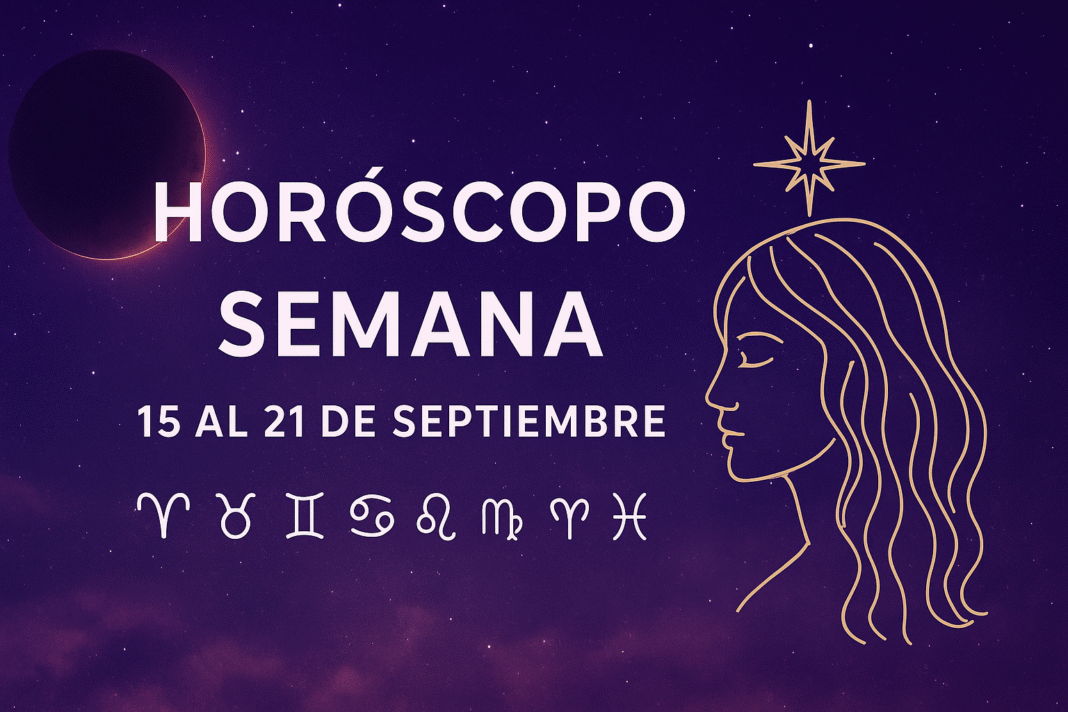 Ilustración astrológica de horóscopo semanal con eclipse solar en Virgo, Luna menguante y símbolos zodiacales