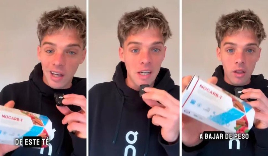 Santiago Maratea promocionando un producto llamado NOCARB-T en redes sociales