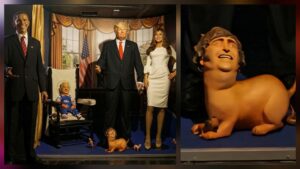 Milei, como perrito faldero de Trump: arte, sátira e “intervención” en el Museo de Cera de Madrid