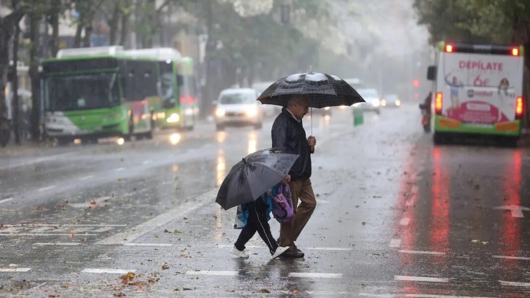 Adulto y niño con paraguas caminando bajo intensa lluvia en ciudad de Buenos Aires.