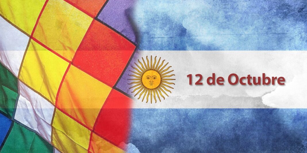 Bandera argentina y wiphala con texto 12 de octubre, Día del Respeto a la Diversidad Cultural
