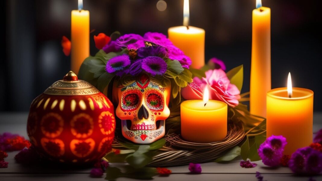 Calavera de azúcar decorada con flores moradas y velas encendidas, simbolizando rituales de Halloween para atraer amor y buena energía.