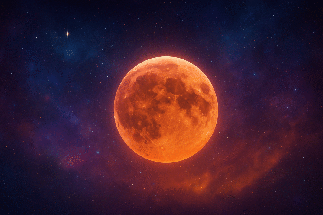 Ilustración digital del cielo con una Luna llena en tonos rojizos sobre un fondo cósmico, representando la energía astrológica de la semana del 10 al 17 de noviembre de 2025.