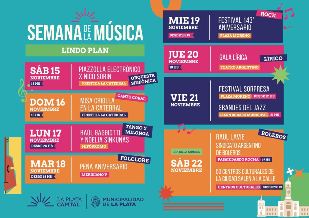 Agenda oficial de la Semana de la Música por el 143° aniversario de La Plata, con fechas, horarios y lugares de los shows gratuitos en distintos puntos de la ciudad.