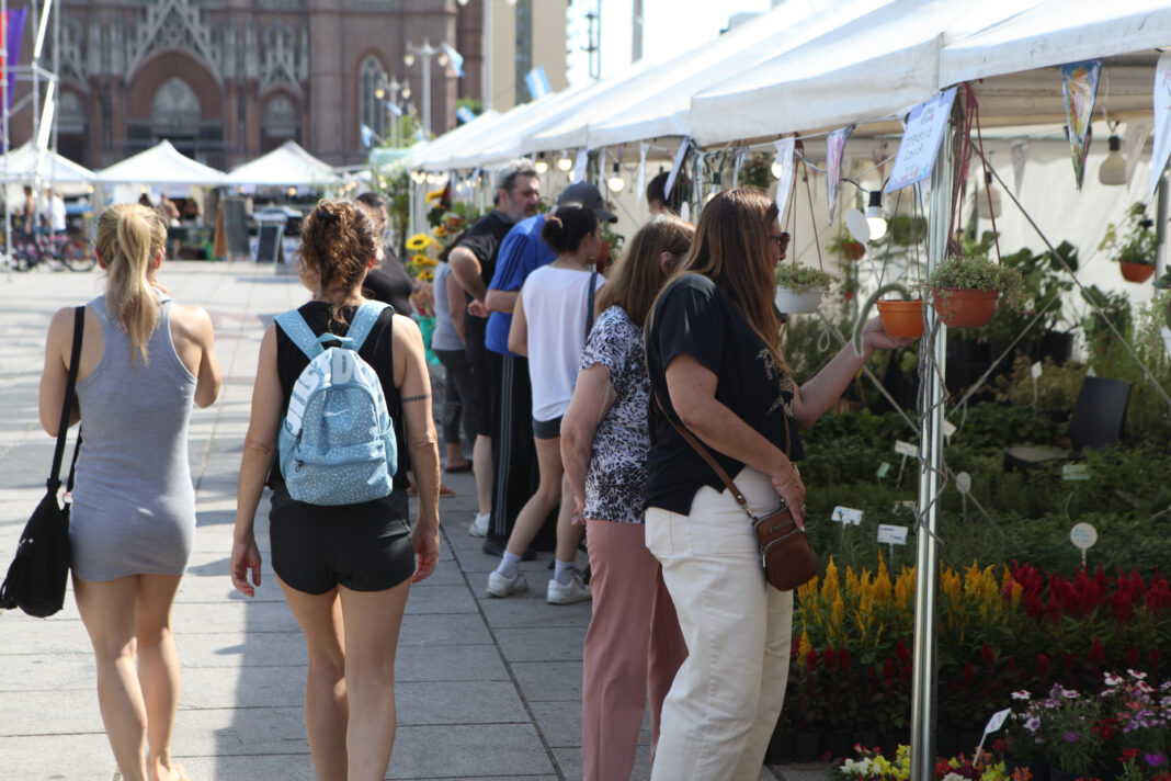 Feria La Plata en Flor con puestos de flores y plantas en Plaza Moreno.