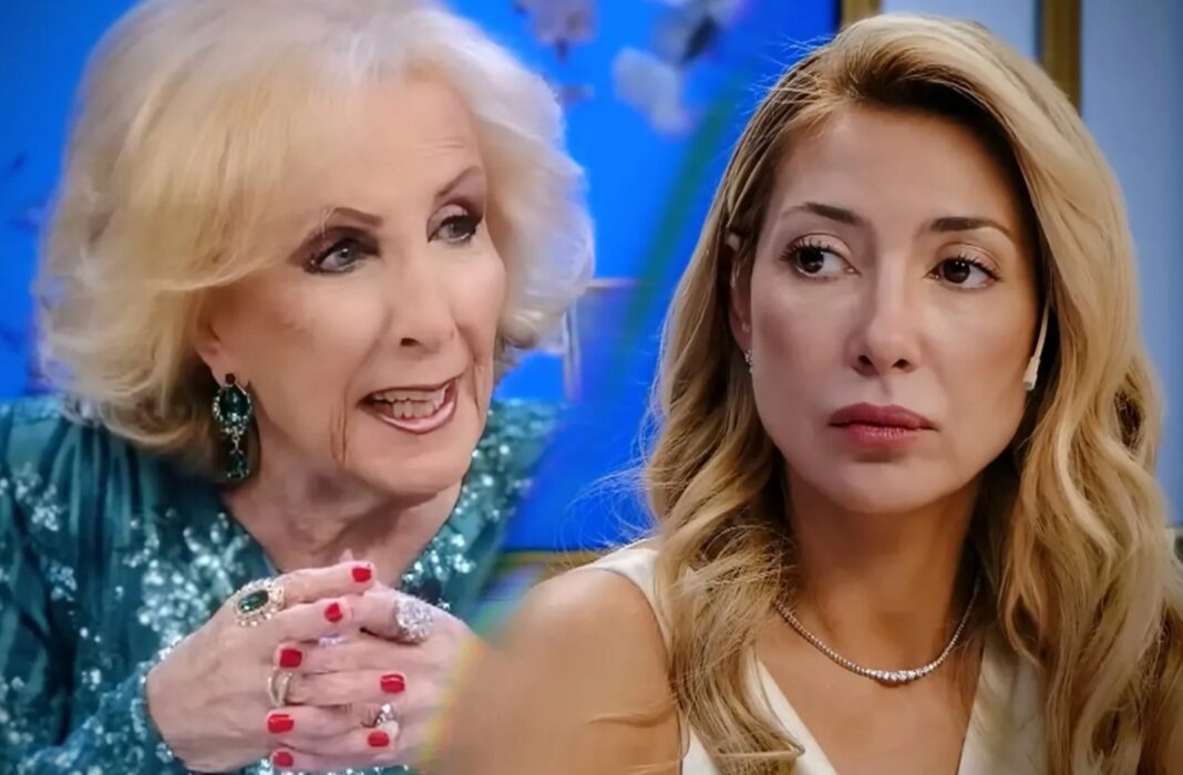 Mirtha Legrand, con aretes verdes, hablando intensamente en televisión, junto a Fabiola Yañez durante la entrevista que disparó el rating.
