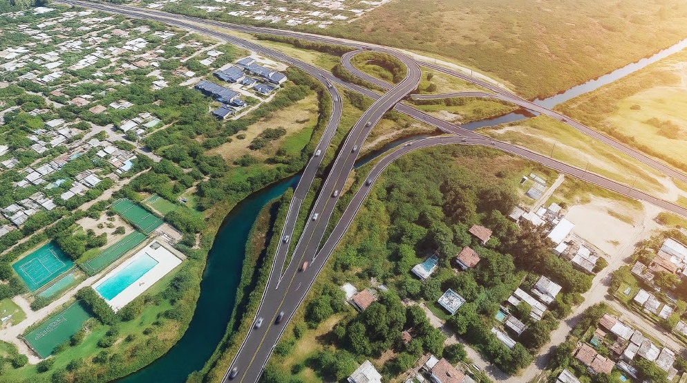 Foto aérea obra nueva bajada City Bell conexión Autopista Camino Centenario