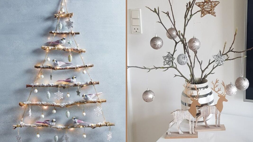 Ideas fáciles y baratas para armar un Árbol de Navidad 2025: decoración rústica con ramas y luces.