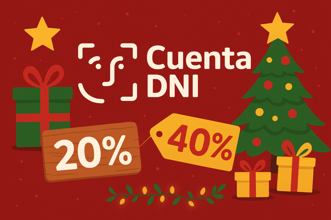 Imagen promocional de Cuenta DNI con estética navideña y colores festivos por los beneficios de diciembre.