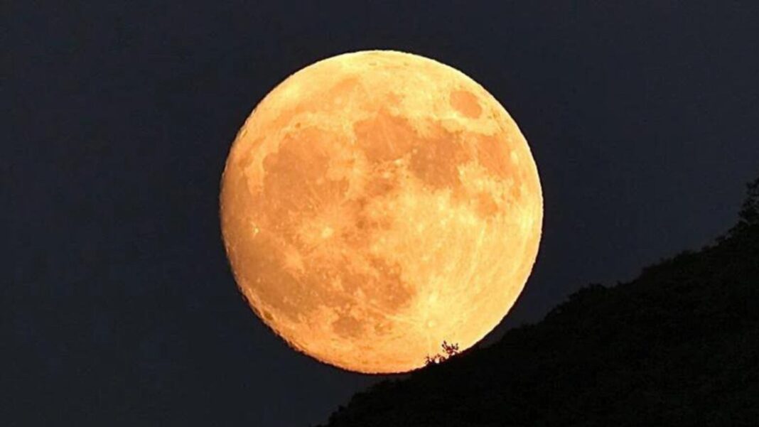 Súper Luna llena de color naranja intenso sobre un paisaje oscuro durante el evento astrológico de 2025.