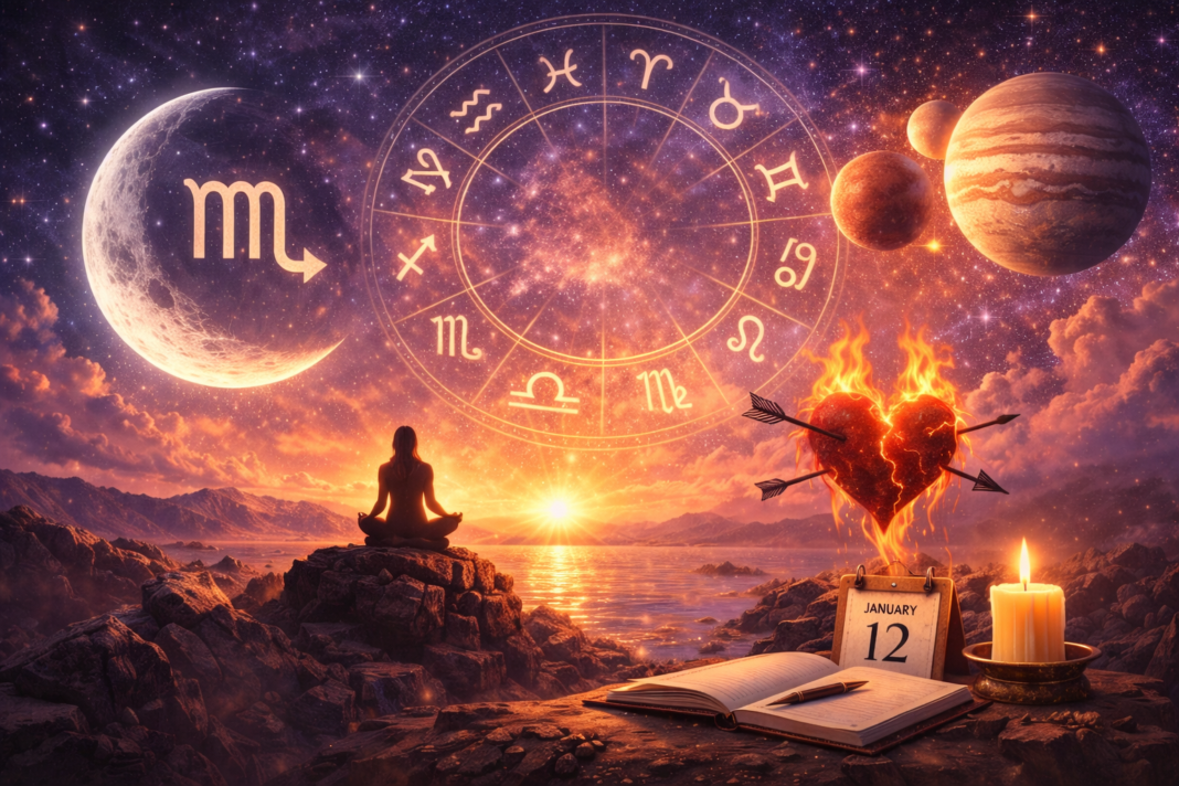 Ilustración del horóscopo semanal con Luna menguante en Escorpio y energía de sanación emocional, del 12 al 18 de enero.