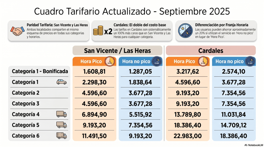 infografia que muestra el cuadro tarifario de los distintos peajes sobre la ruta 6 y sus precios segun el horario y la categoria.